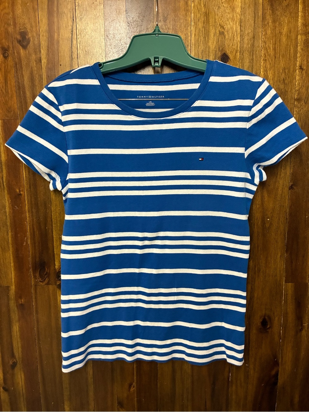 Tommy Hilfiger Women’s Blue & White Striped Crewneck Tee (L)